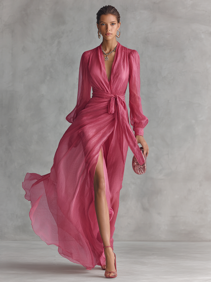 Charlotte - Women's Elegant Maxi Dress with Deep V-Neck and Wrap Tie Waist