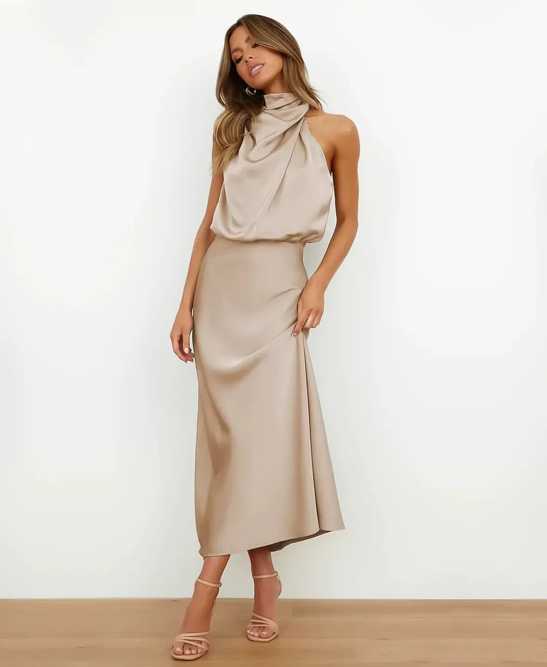 Charlotte - Women's Midi Dress Elegant with Halter Neck and Draped Bodice
