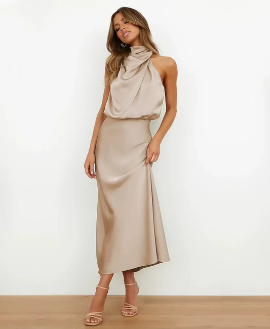 Charlotte - Women's Midi Dress Elegant with Halter Neck and Draped Bodice