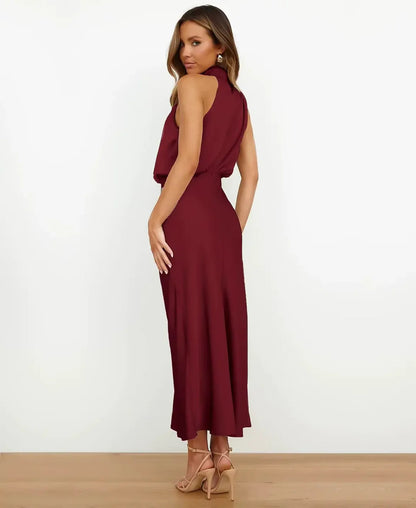 Charlotte - Women's Midi Dress Elegant with Halter Neck and Draped Bodice