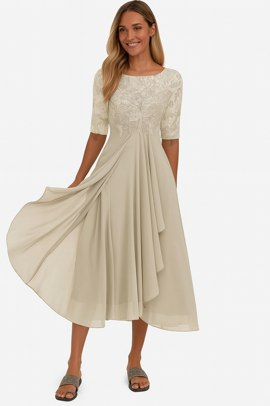 Charlotte - Women’s Wedding Guest Midi Dress Formal with Embroidered Bodice