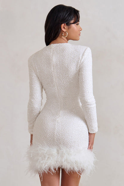 Claudia - Women's Sequin Mini Dress with Feather Hem and Long Sleeves