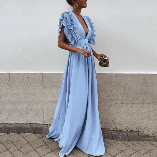 Cordelia - Women's Formal Maxi Dress with Plunge Neck and Ruffle Sleeves