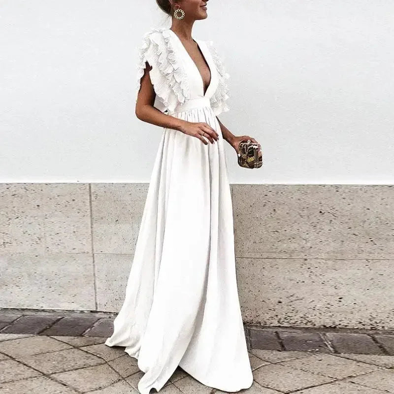 Cordelia - Women's Formal Maxi Dress with Plunge Neck and Ruffle Sleeves