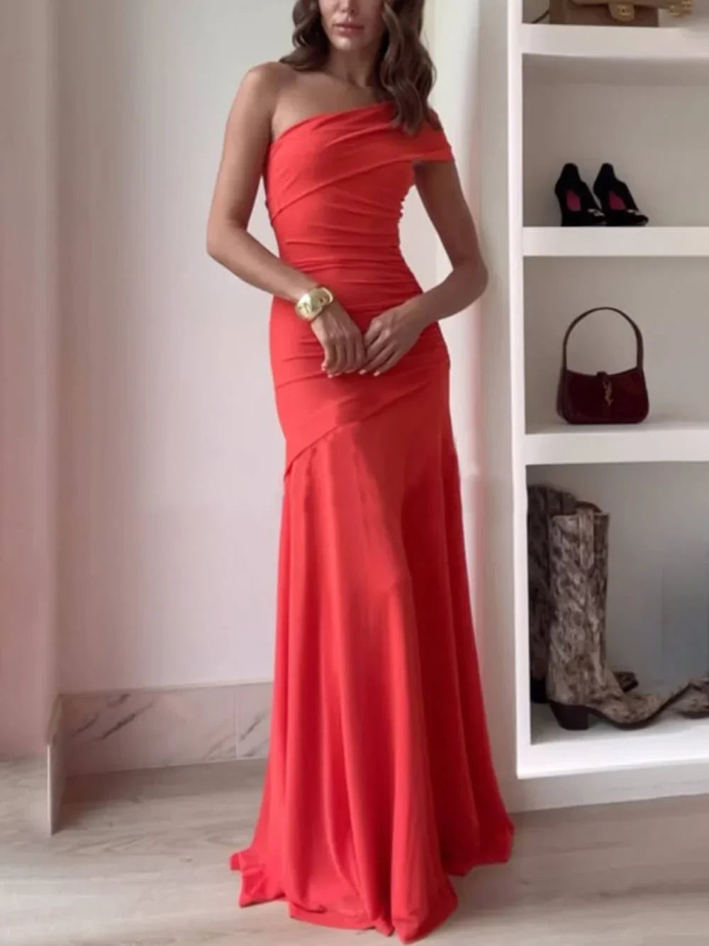 Delphine - Women's Formal Maxi Dress with One Shoulder and Ruched Detail