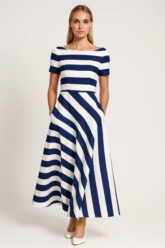 Eleanor - Women's Formal Midi Dress with Striped Print and Short Sleeves