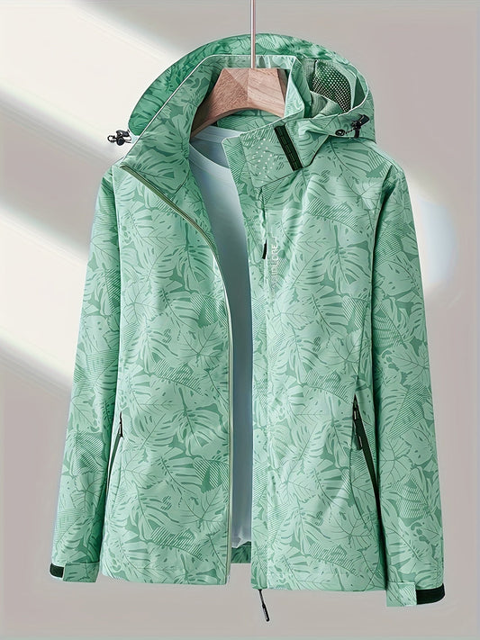 Ella - Women's Jacket Waterproof Light with Leaf Print and Adjustable Hood