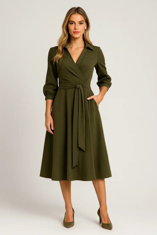 Eloise - Women's Formal Midi Dress with Wrap Collar and Tie Waist Belt