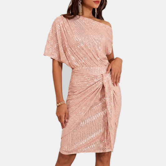 Evie - Women's Glitter Party Dress with One Shoulder and Twist Knot Front
