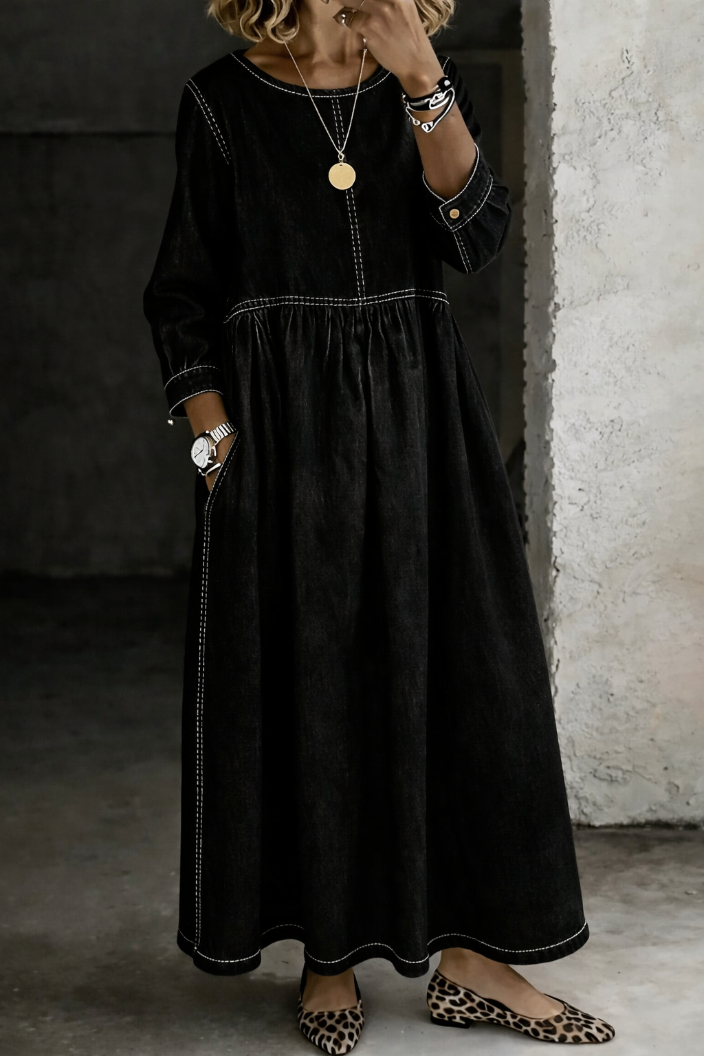 Evie - Women's Maxi Dress Long Sleeve with Wide Skirt and Pockets