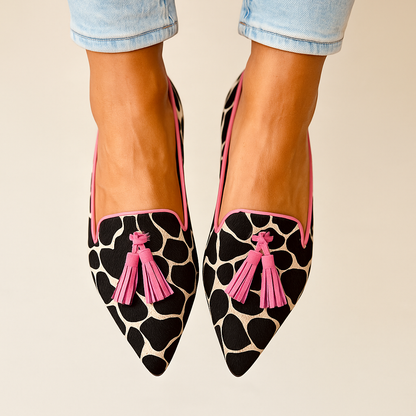 Grace - Women's Comfort Loafers with Animal Print Design and Tassel Trim