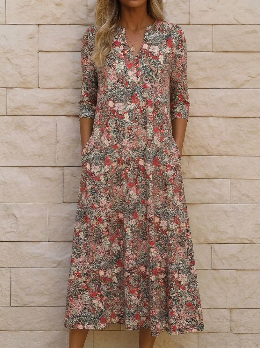 Grace - Women’s Floral Midi Dress in an Elegant Cut with V Neck and Pockets