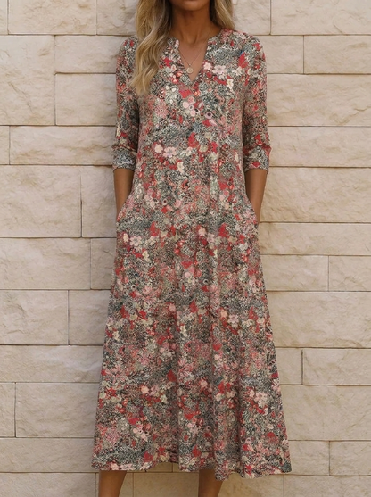 Grace - Women’s Floral Midi Dress in an Elegant Cut with V Neck and Pockets