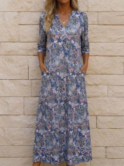 Grace - Women’s Floral Midi Dress in an Elegant Cut with V Neck and Pockets