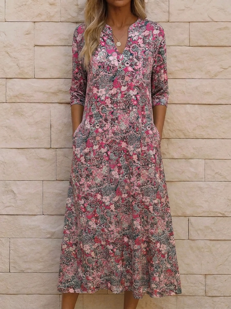 Grace - Women’s Floral Midi Dress in an Elegant Cut with V Neck and Pockets
