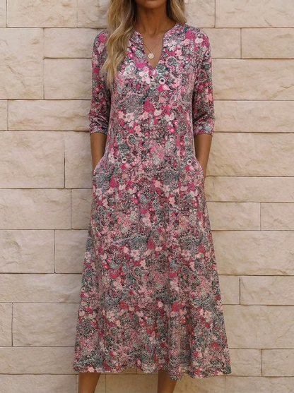 Grace - Women’s Floral Midi Dress in an Elegant Cut with V Neck and Pockets