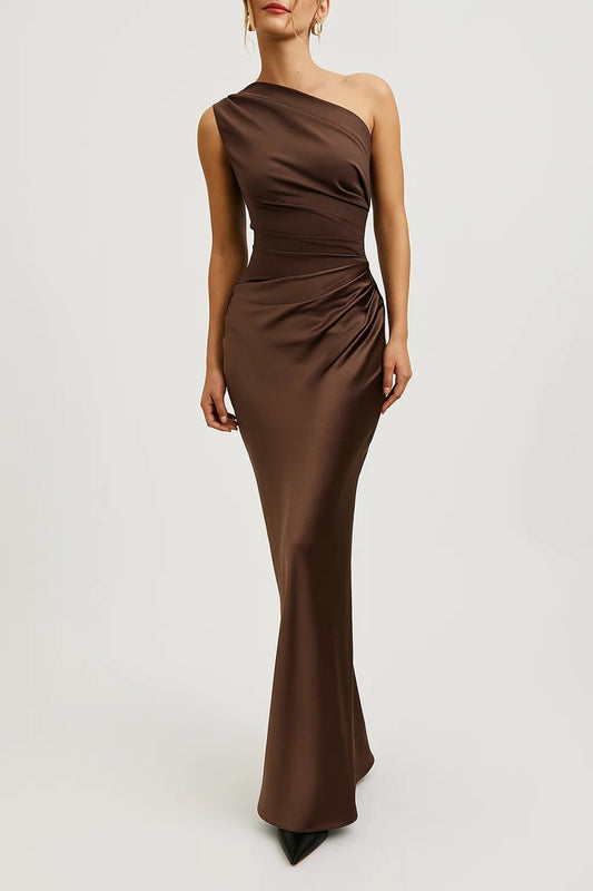 Grace - Women's Maxi Dress Elegant Satin Style with Asymmetric One Shoulder Neck