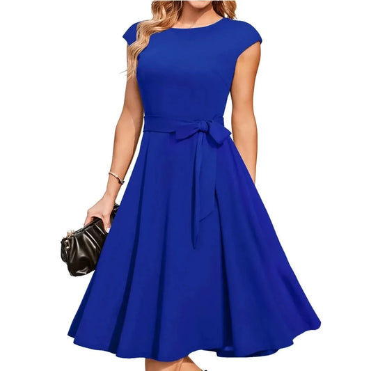 Grace - Women's Elegant Midi Dress with Cap Sleeves and Tie Waist Belt