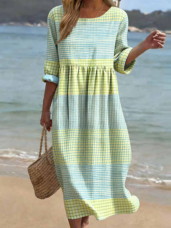 Grace - Women’s Summer Dress Casual Midi with Check Print and Long Sleeves
