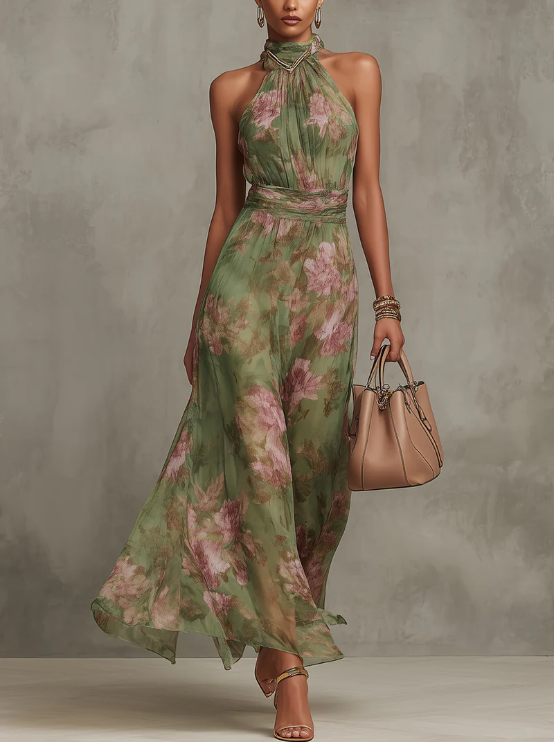Grace - Women's Summer Dress Elegant Floral Maxi with Halter Neck