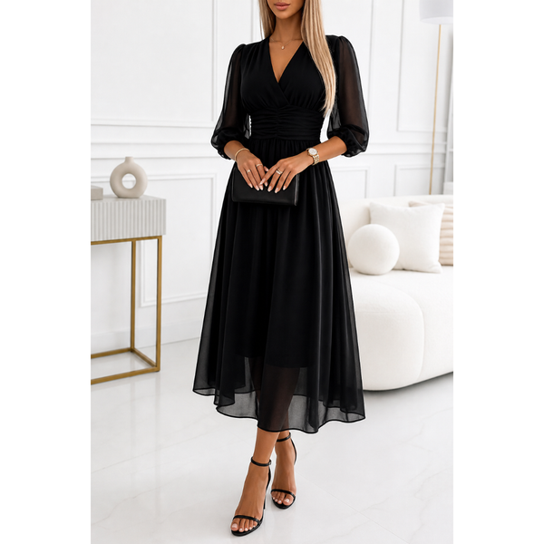 Grace - Women's Summer Dress Long Sleeve Elegant Midi with Ruched Waist