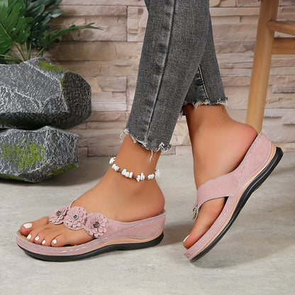 Harper - Women’s Comfort Wide Fit Sandals with Toe Post and Flower Detail