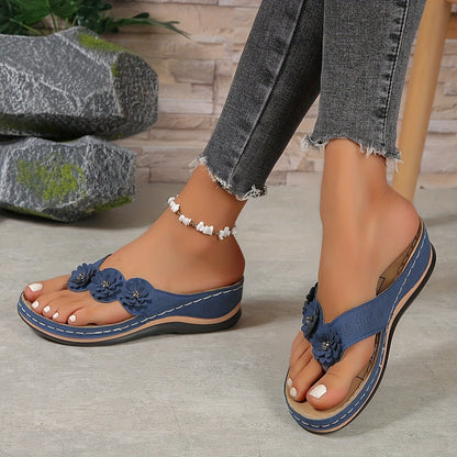 Harper - Women’s Comfort Wide Fit Sandals with Toe Post and Flower Detail