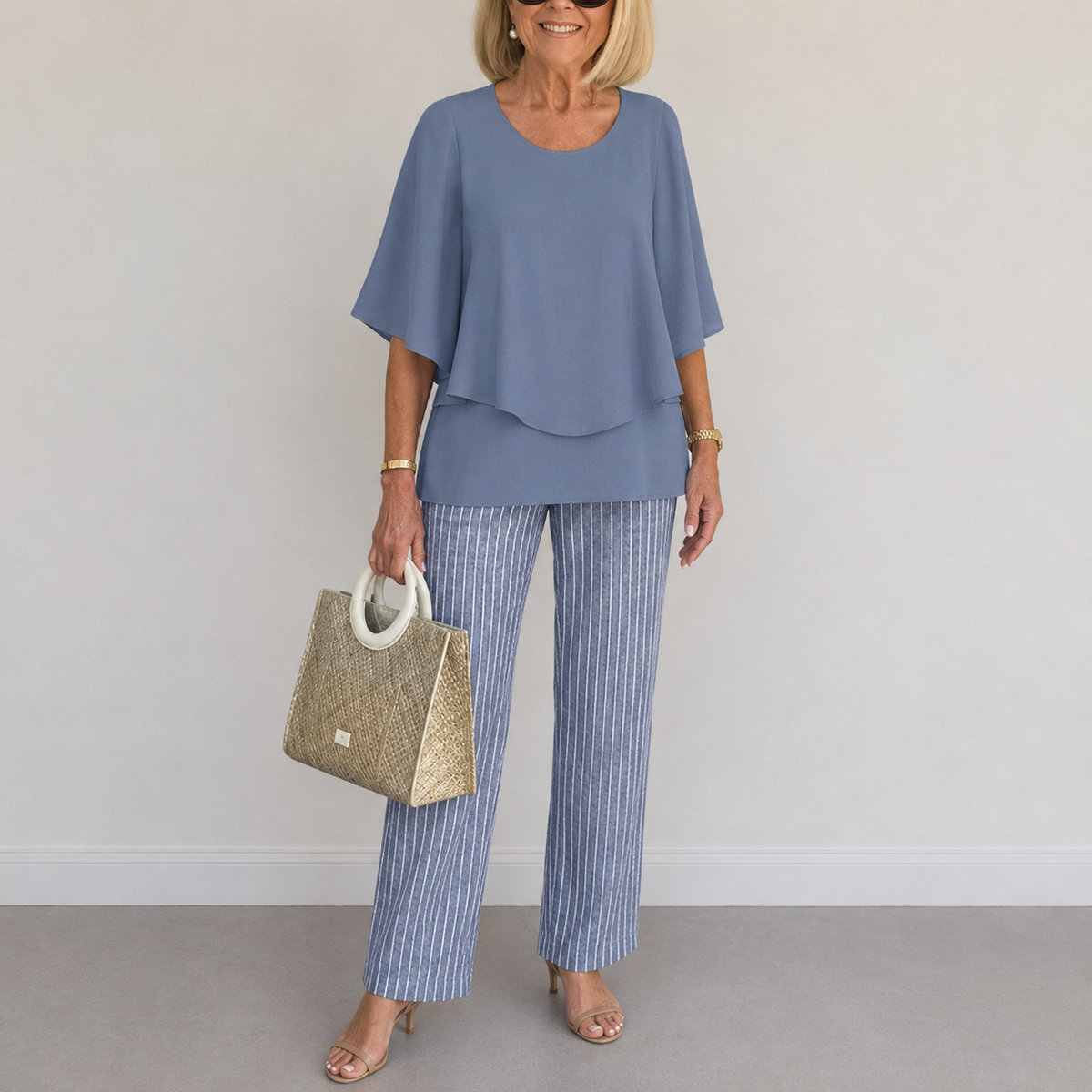 Harper - Women's Matching Set Elegant Layered Top with Wide Leg Trousers
