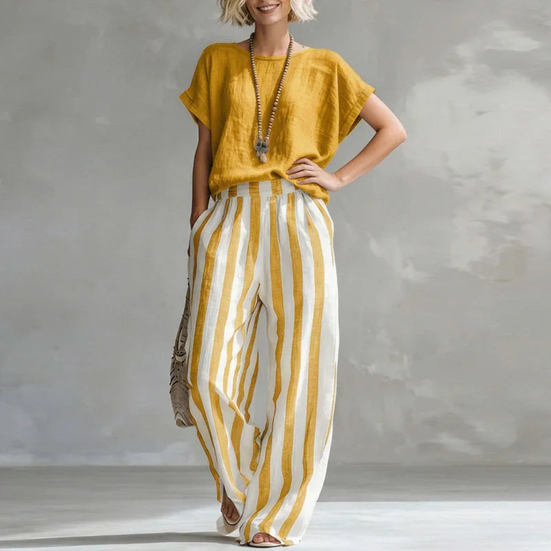 Harper - Women's Summer Co-Ord Set Relaxed Top with Striped Wide Leg Trousers