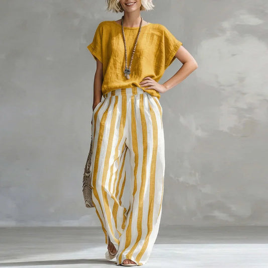 Harper - Women's Summer Co-Ord Set Relaxed Top with Striped Wide Leg Trousers