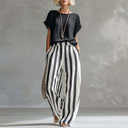 Harper - Women's Summer Co-Ord Set Relaxed Top with Striped Wide Leg Trousers