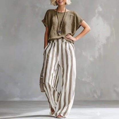 Harper - Women's Summer Co-Ord Set Relaxed Top with Striped Wide Leg Trousers