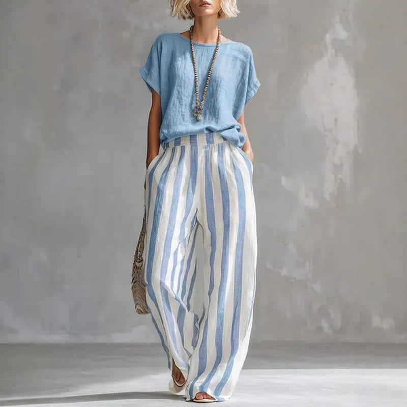 Harper - Women's Summer Co-Ord Set Relaxed Top with Striped Wide Leg Trousers