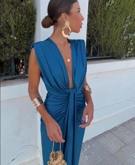 Ines - Women's Wedding Guest Maxi Dress with Plunge Neck and Central Knot
