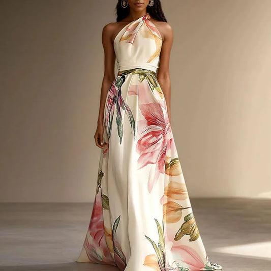 Isabelle - Women's Wedding Guest Maxi Dress with Halter Neck and Floral Print