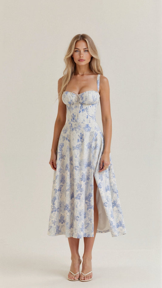 Isla - Women’s Floral Midi Dress Elegant with Corset Bodice and Side Split
