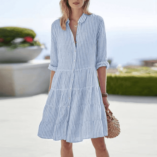 Isla - Women's Summer Mini Dress Striped with Collar and Tiered Skirt