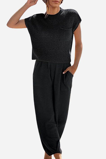 Isla - Women's Summer Matching Set with Knitted Pocket Top and Pants