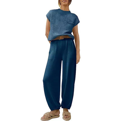 Isla - Women's Summer Matching Set with Knitted Pocket Top and Pants