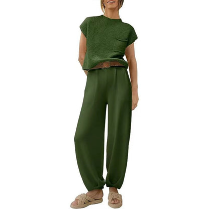 Isla - Women's Summer Matching Set with Knitted Pocket Top and Pants