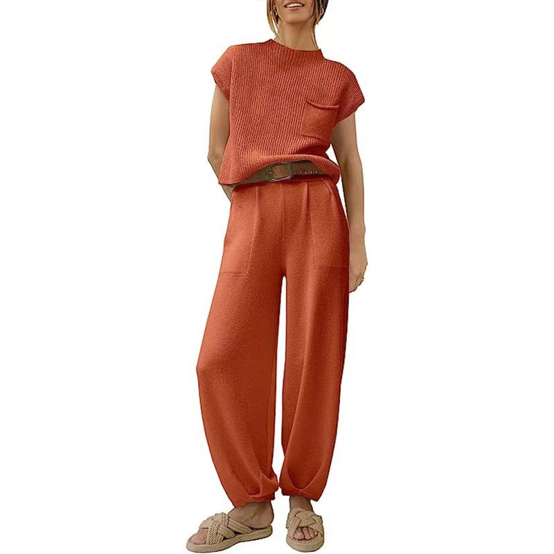 Isla - Women's Summer Matching Set with Knitted Pocket Top and Pants