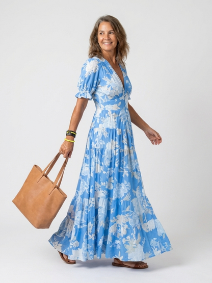 Isla - Women's Summer Maxi Dress Elegant with V Neck and Puff Sleeves