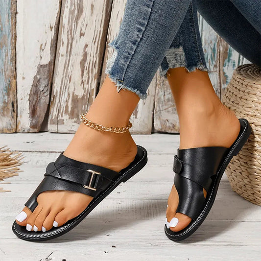 Isla - Women's Toe Loop Flat Sandals with Adjustable Buckle Strap