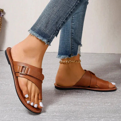 Isla - Women's Toe Loop Flat Sandals with Adjustable Buckle Strap