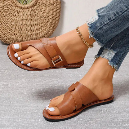 Isla - Women's Toe Loop Flat Sandals with Adjustable Buckle Strap