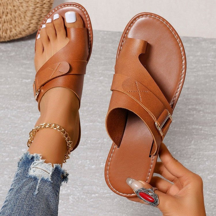 Isla - Women's Toe Loop Flat Sandals with Adjustable Buckle Strap