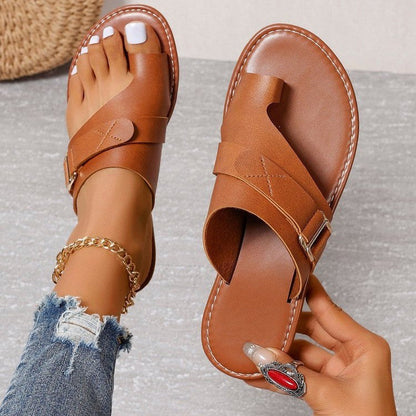 Isla - Women's Toe Loop Flat Sandals with Adjustable Buckle Strap