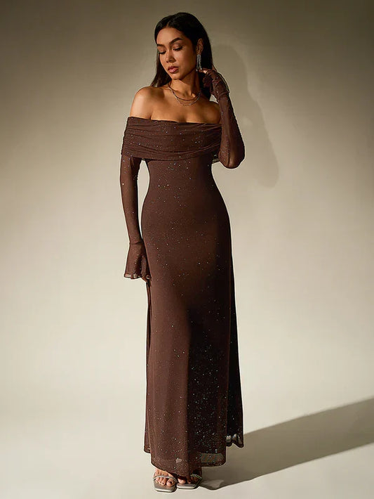 Isla - Women's Wedding Guest Dress Elegant Off Shoulder with Long Sleeves
