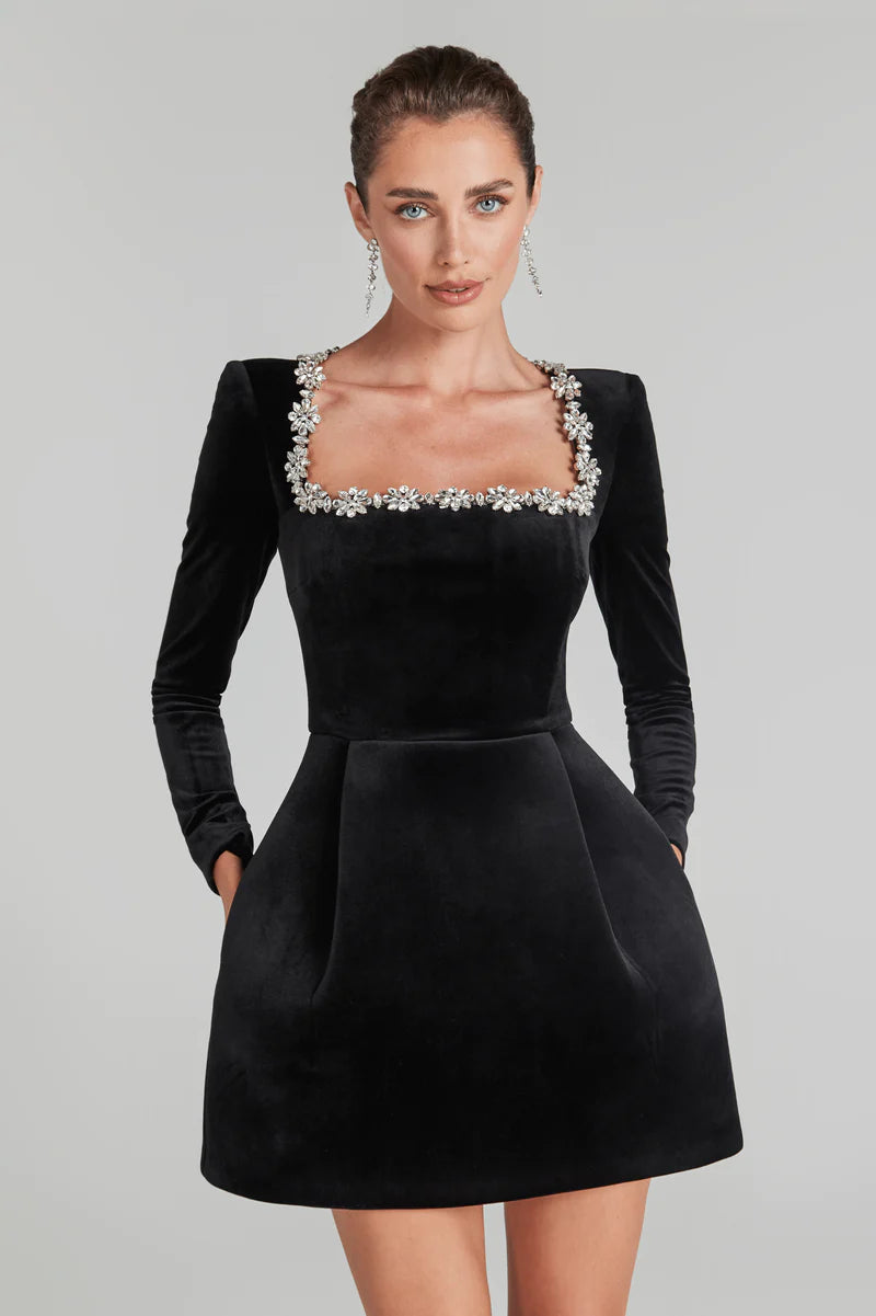 Kimberly - Women's Formal Mini Dress with Embellished Square Neck and Long Sleeves