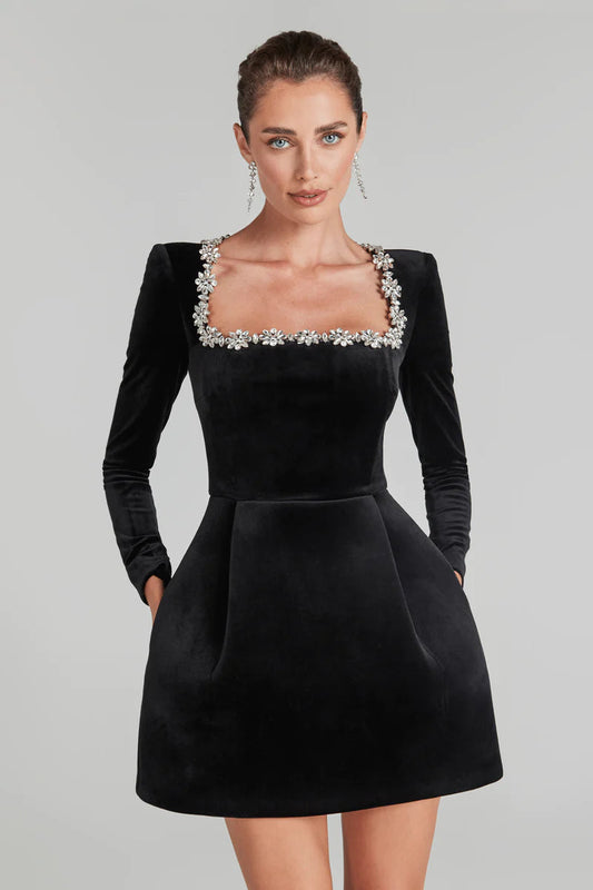 Kimberly - Women's Formal Mini Dress with Embellished Square Neck and Long Sleeves